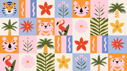 Tropical themed floral ornament with jungle animals in a grid pattern colorful vector illustration foliage palm leaves © Unnati