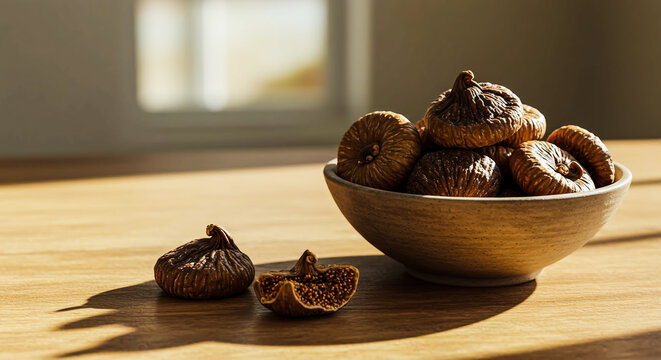 Delicious dried figs in a rustic bowl on an aged wooden table, showcasing rich texture.