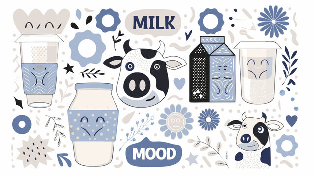 Floral ornament with milk cartons cow heads and jars in a light blue vector illustration dairy carton