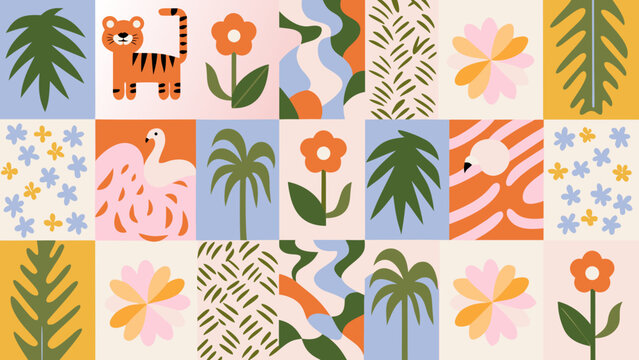 Tropical Floral And Animal Patchwork Pattern A Colorful Vector Illustration With Grid Arrangement leaves ornament tiger flamingo