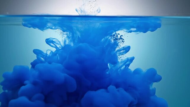 Blue ink cloud spreading in water, abstract liquid diffusion forms organic shapes and flowing pigment patterns beneath surface, artistic underwater motion with soft gradients, fluid movement concept