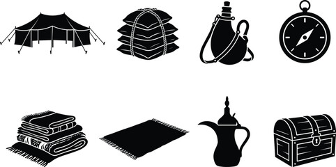 Desert camping and nomad life silhouette set featuring tent compass chest teapot blankets and rugs isolated on white background © Sobuz