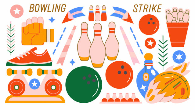 Bowling themed vector illustration featuring pins ball shoe and hand in a playful arrangement game tenpin strike