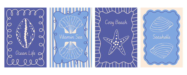 Seashell poster set with starfish, cowrie, scallop shell, wavy frame, stripe background, hand drawn vector, blue mediterranean line art, retro flat style. Summer beach design for greeting card print © Coxic25
