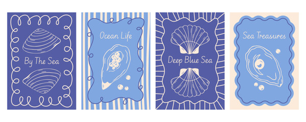 Seashell marine poster set with oyster pearl, bivalve scallop shell, wavy frame, retro stripe template, sea phrases, hand drawn vector,  mediterranean blue line art style for greeting card, postcard © Coxic25