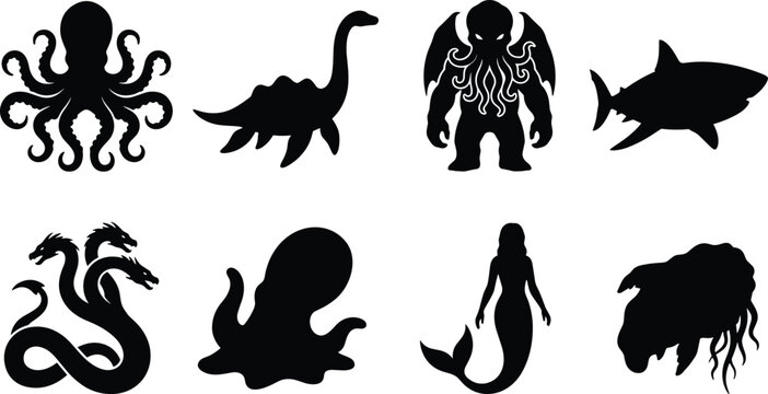 Mythical sea monsters and legendary ocean creatures silhouette set featuring kraken loch ness hydra mermaid and shark icons
