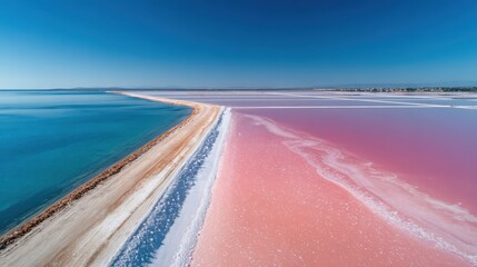 Fototapeta premium Aerial view of pink salt lake and dirt road