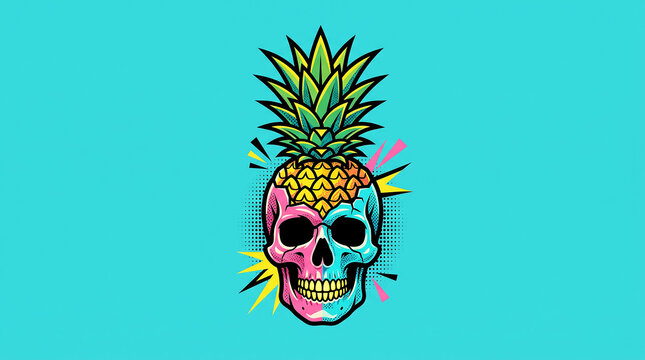 Vibrant pop art illustration of a creative pineapple skull with tropical colors on a blue background