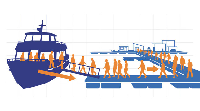 Passengers Disembarking Ferry at Pier Silhouette Illustration