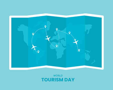 World Tourism Day With Map And Plane Flat Illustration