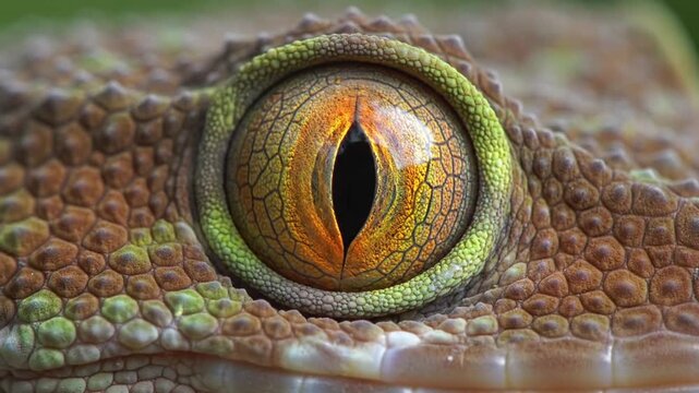 A detailed macro view of a reptile eye with golden textures