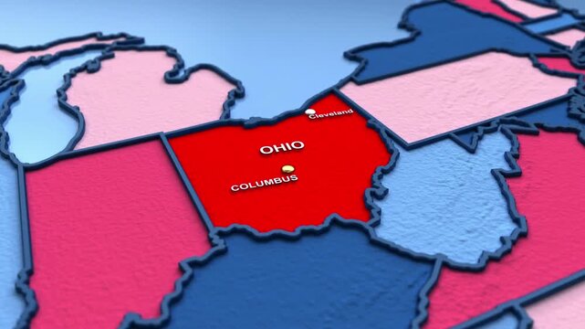 Looped 3D election map animation of the United States zooming into Ohio state, featuring red, blue, purple and green political outcome variations. 