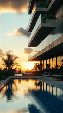 Contemporary condo with infinity pool overlooking horizon.
