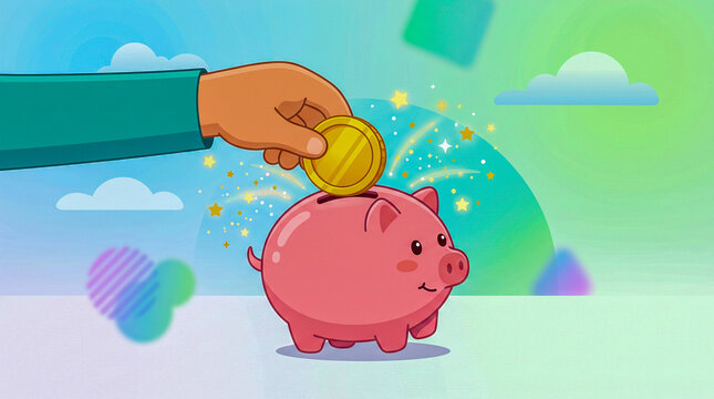 Animaci&oacute;n 2D colorida de una mano introduciendo una moneda en una hucha con forma de cerdito. Ideal para representar ahorro, finanzas, educaci&oacute;n financiera e inversiones.