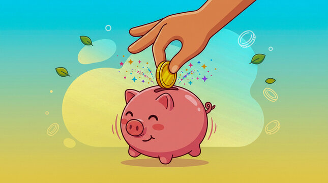 Animaci&oacute;n 2D colorida de una mano introduciendo una moneda en una hucha con forma de cerdito. Ideal para representar ahorro, finanzas, educaci&oacute;n financiera e inversiones.