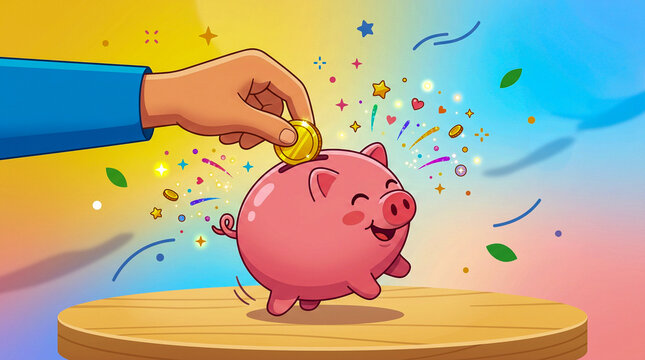 Animaci&oacute;n 2D colorida de una mano introduciendo una moneda en una hucha con forma de cerdito. Ideal para representar ahorro, finanzas, educaci&oacute;n financiera e inversiones.
