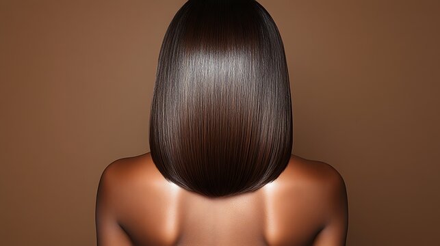 Glossy dark brown blunt cut bob hairstyle with shiny texture and tan skin