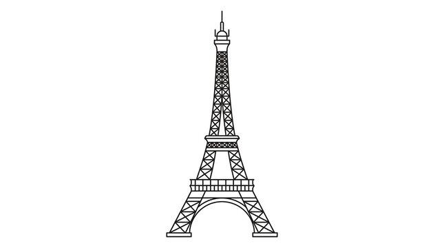 A simple, black and white vector line art icon of the Eiffel Tower, the iconic landmark in Paris, France. The drawing is a minimalist, symmetrical representation of the iron lattice tower.