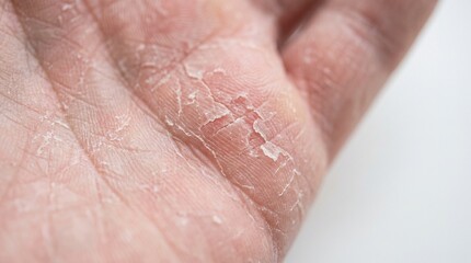 Fototapeta premium An extreme close-up macro photograph of a human palm with visibly dry, rough, and flaky skin. Highly detailed skin texture showing fine lines, peeling patches, and dehydration on the hand.