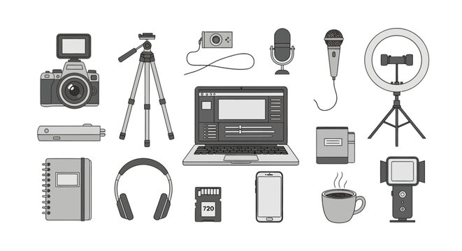 Comprehensive collection of photography, videography, and audio equipment including camera, tripod, microphone, ring light, laptop, and accessories for content creation