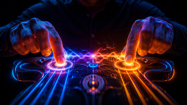 Futuristic Neon Sound Control &ndash; Digital Music Interface with Glowing Touchpads
