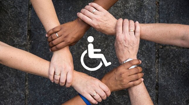 A conceptual, photorealistic top-down view of four diverse human hands forming a protective circle around a white wheelchair accessibility symbol on a dark textured surface.
