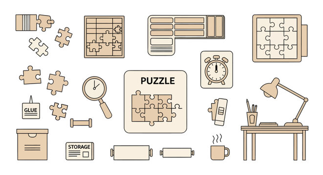 Puzzle and jigsaw pieces on desk with office supplies for brainteaser activity and recreational entertainment