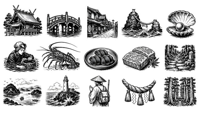 Mie and Ise-Shima Japan Icon Set &ndash; Ise Shrine, Meoto Iwa, Pearl, Ama Diver, Seafood and Pilgrimage
