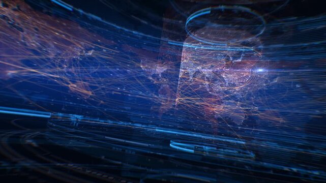 Network Earth map. Global rotating earth map in shades of red and blue with wire connections. Video in loop.