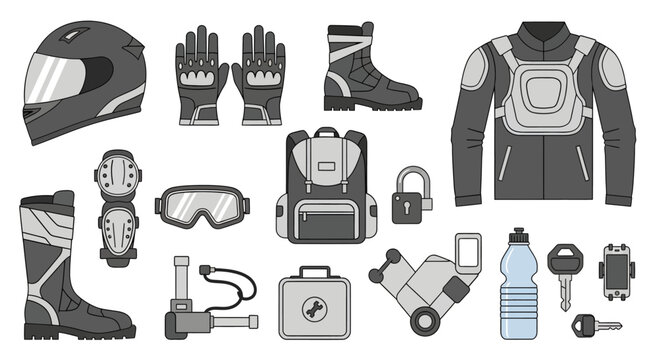 Comprehensive motorcycle riding gear and accessories set including helmet gloves boots backpack goggles and tools for safety and adventure