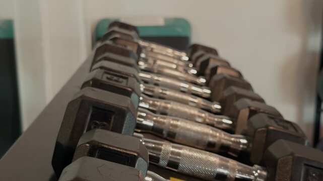 Still gym shot with focus shifting across rows of dumbbells.
