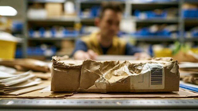 Crushed shipping carton with barcode and ruler in warehouse backroom