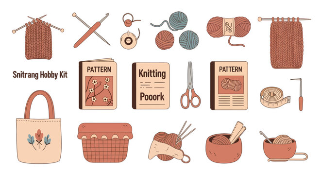 Knitting and crochet hobby kit with yarn, needles, scissors, pattern books, and accessories for craft enthusiasts and creative makers