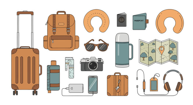 Travel essentials collection with luggage backpack camera sunglasses and map for adventure or vacation trips, versatile accessories for travelers