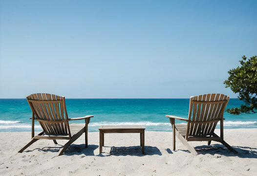 Two wooden beach chairs facing ocean with small table