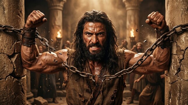 Muscular Samson breaking heavy iron chains in an ancient temple. Biblical hero escaping captivity with immense physical strength. Concept of power and freedom from the Old Testament