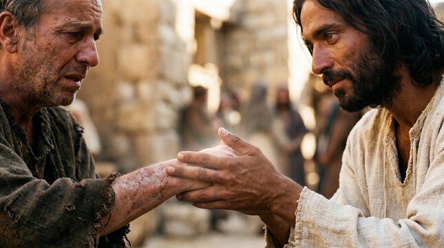 Jesus Christ healing a leper in an ancient village. Biblical scene of compassion and miracle. Holy Bible testament illustration