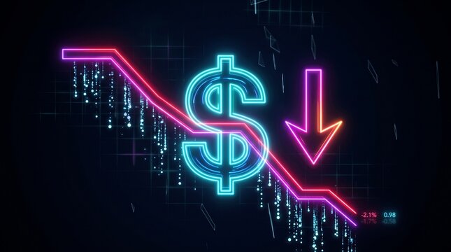 A neon financial decline graphic with dollar sign, downward arrow, and global currency symbols, economic downturn atmosphere captured authentically.