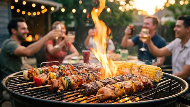 Outdoor barbecue scene shows charcoal grill packed with marinated chicken and beef kebabs, charred corn, colorful vegetables, glowing flames, rising smoke, and blurred guests sharing festive drinks