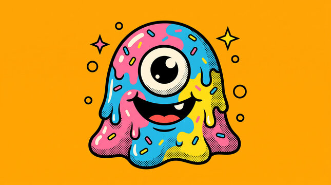 Cute colorful dripping slime monster illustration with sprinkles and one eye on orange background