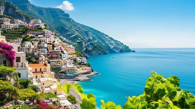 A scenic coastal village nestled on a steep mountain slope by the blue sea
