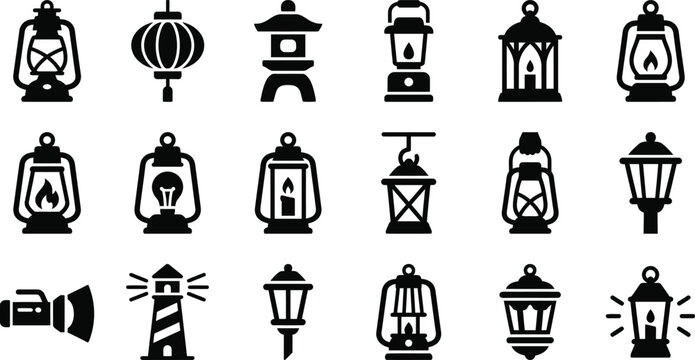 Silhouette Collection of Various Lanterns and Lighting Icons for Design Projects