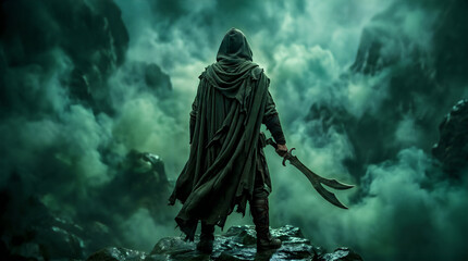 Obraz premium Hooded Fantasy Warrior with Sword Overlooking Misty Mountains