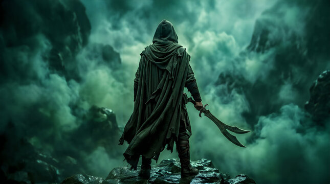 Hooded Fantasy Warrior with Sword Overlooking Misty Mountains