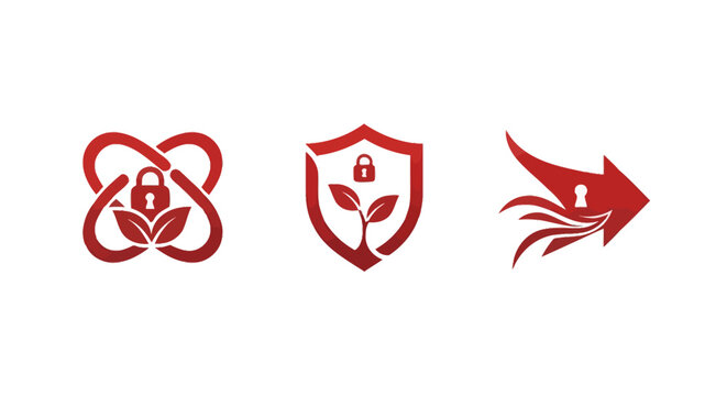Three Red Security and Technology Logos with Leaf and Lock Symbols.