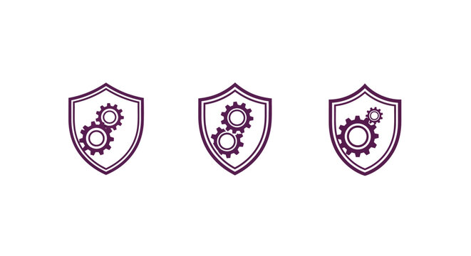 Three decorative shields with gear icons inside.