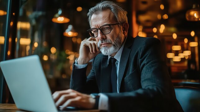 Businessman with a gray beard and glasses sits at a wooden table while using a laptop to manage his daily tasks in a dimly lit environment filled with soft glowing golden bokeh light reflections.