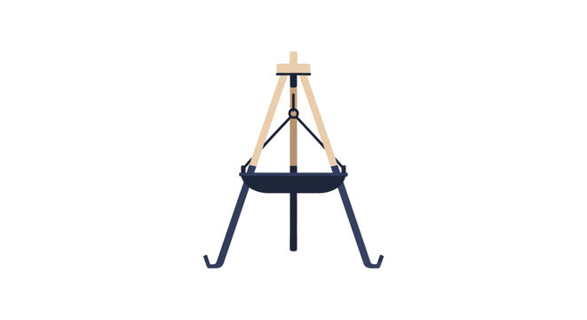 Wooden tripod stand with metal hooks and base.