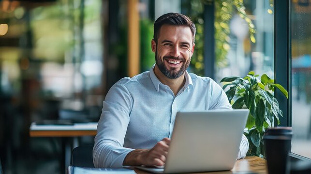 Businessman dressed in a crisp white shirt sits at a coffee shop table while working on a laptop and looking towards the camera with a warm and confident smile.