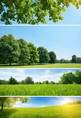 Fototapeta premium Four summer nature scenes with trees and green grass